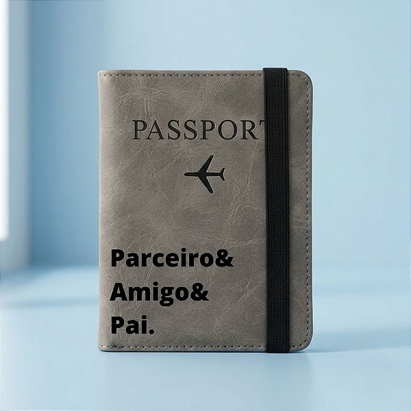 Porta Passaporte em Couro PU com Elástico Personalizado Pai Amigo - Cinza - 14,8x11cm - 1 unidade - Rizzo
