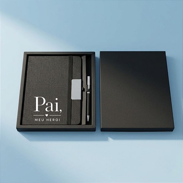 Kit Caderno e Caneta Personalizado Pai Herói - Preto - 22x19,5cm - 1 unidade - Rizzo