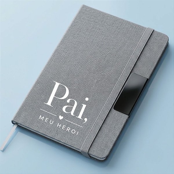 Caderno de Anotações em Tecido e Metal Personalizado Pai Herói - Cinza - 21,5x14,5cm - 1 unidade - Rizzo