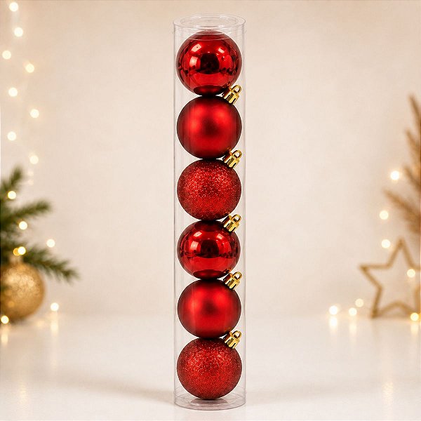 Bola de Natal em Tubo - Vermelho - 6cm - 6 unidades - Cromus - Rizzo