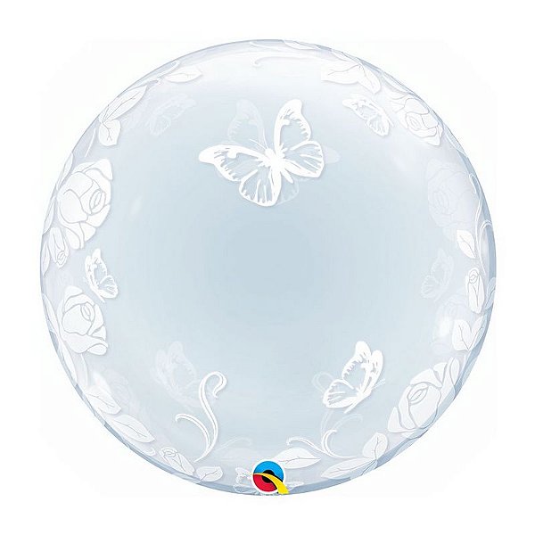 Balão de Festa Bubble Duplo 24" 60cm - Rosas e Borboletas - 01 Unidade - Qualatex - Rizzo Balões