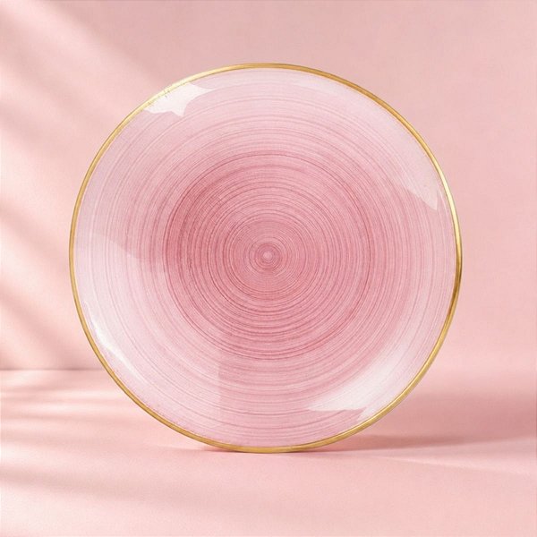 Prato Refeição Redondo Descartável Premium - Rosa e Borda Dourada - 25,5cm - 6 unidades - Rizzo