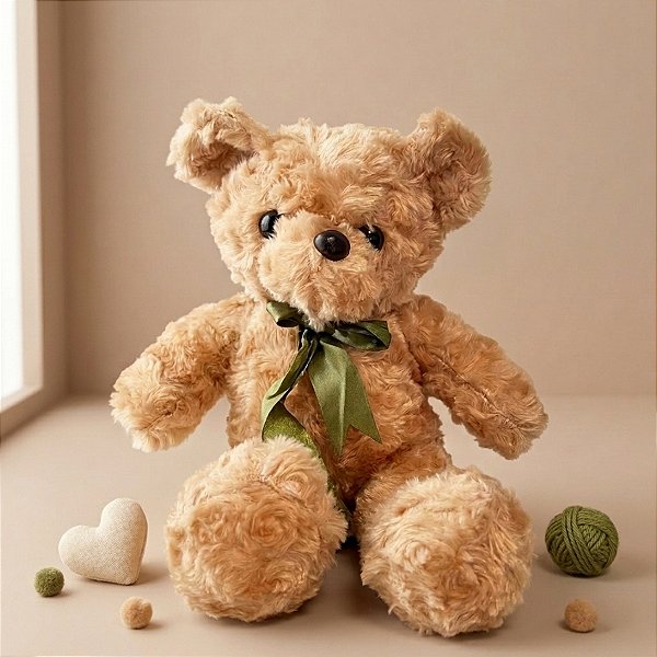 Ursinho de Pelúcia com Laço Verde - Bege - 30x20cm - 1 unidade - Rizzo