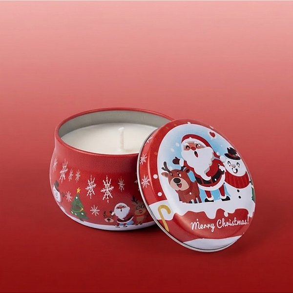 Vela Aromática de Natal - Lata Metálica Vermelha - Papai Noel e Amigos - 6x4x6cm - 1 unidade - Rizzo