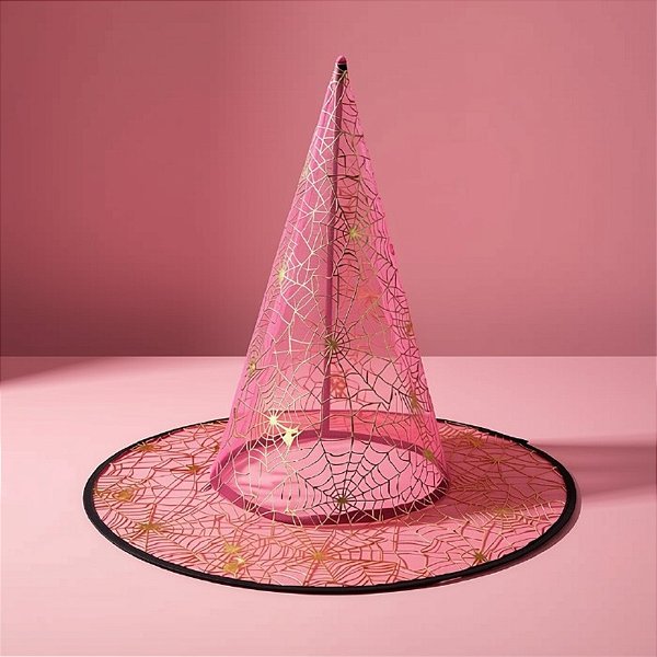 Chapéu de Bruxa Transparente Rosa - Teia de Aranha Dourada - Halloween  - 1 unidade - Rizzo