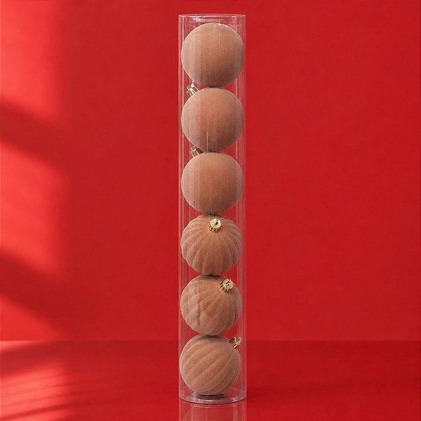 Bolas de Natal em Tubo - Marrom - Veludo, Lisa e Gomo - 10cm - 6 unidades - Cromus - Rizzo