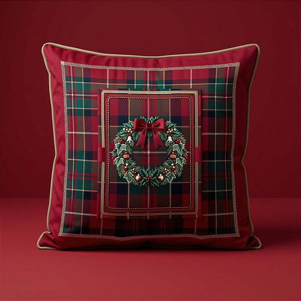 Almofada de Natal com Cardone - Xadrez Verde e Vermelho e Guirlanda - 50x50cm - 1 unidade - Rizzo