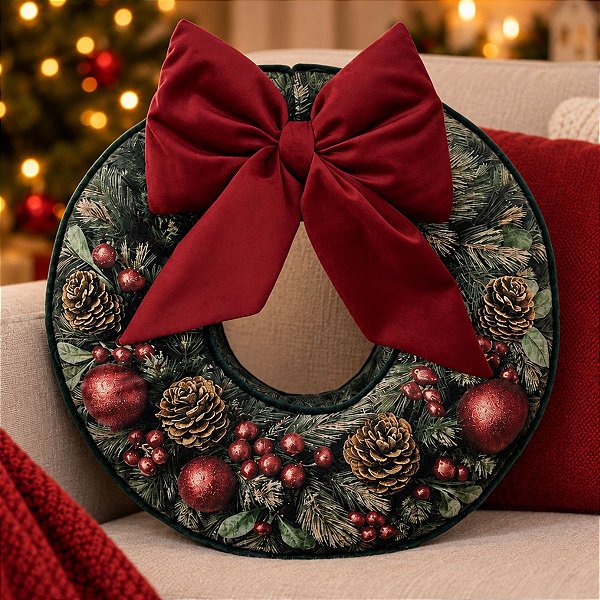 Almofada de Natal com Cardone - Formato Guirlanda com Aplique de Laço Vermelho - 40x40cm - 1 unidade - Rizzo