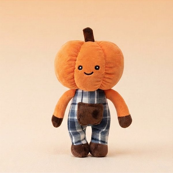 Abóbora de Pelúcia com Macacão Xadrez - Laranja -  13x23x12cm - Halloween - 1 unidade - Rizzo