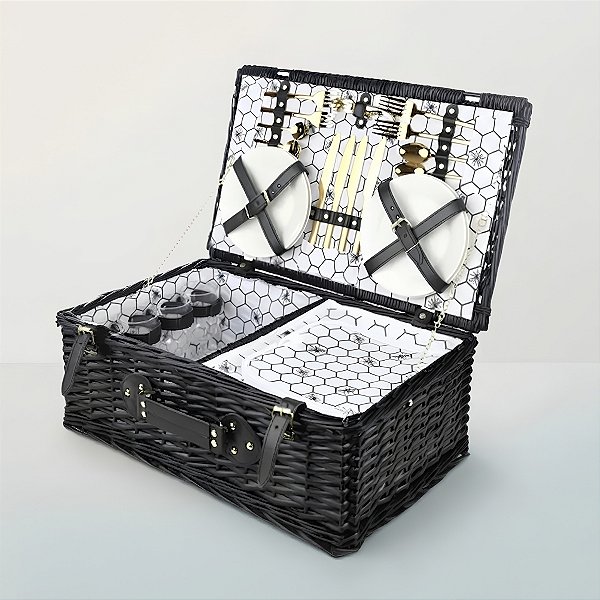 Kit Cesta Pic Nic Para 4 Pessoas - 54x20x34cm com 22 Peças - Preto - 1 unidade - Cromus - Rizzo