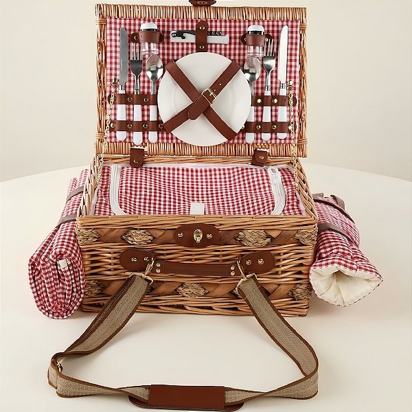Kit Cesta Pic Nic Para 2 Pessoas - 40x21x28cm com 17 Peças - Natural/Vermelho - 1 unidade - Cromus - Rizzo