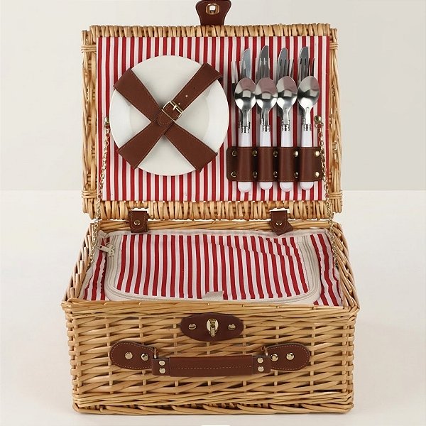 Kit Cesta Pic Nic Para 4 Pessoas - 38x18x28cm com 22 Peças - Natural/Vermelho - 1 unidade - Cromus - Rizzo