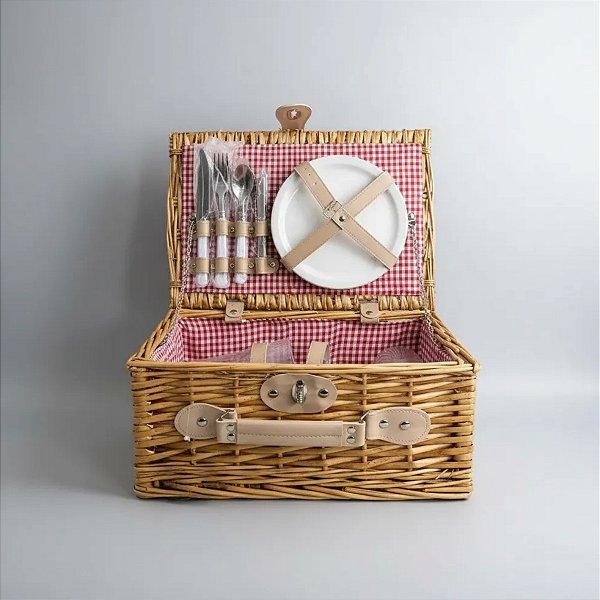 Kit Cesta Pic Nic Para 2 Pessoas - 35x15x25cm com 12 Peças - Natural/Vermelho - 1 unidade - Cromus - Rizzo
