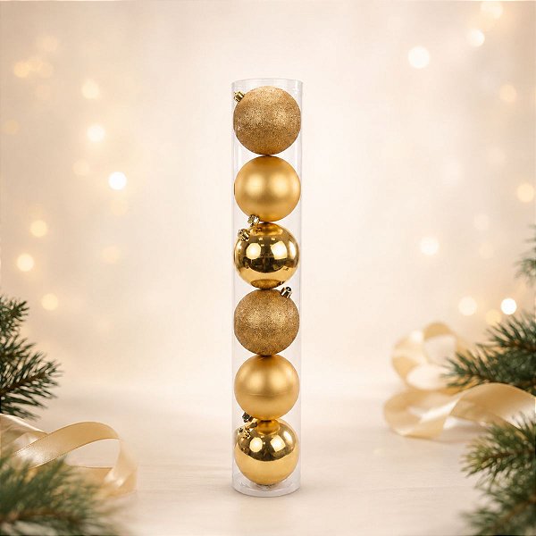 Bolas De Natal em Tubo - Ouro - Brilho, Fosco e Glitter - 4cm - 6 unidades - Cromus - Rizzo