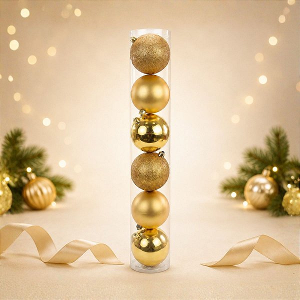 Bolas De Natal em Tubo - Ouro - Brilho, Fosco e Glitter - 5cm - 6 unidades - Cromus - Rizzo