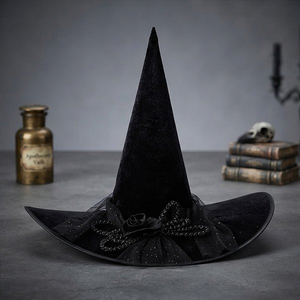Chapéu de Bruxa Preto com Véu - Isadora - 50cm - 1 unidade - Cromus - Rizzo