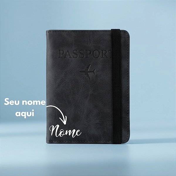 Porta Passaporte em Couro PU com Elástico Personalizado com Nome- Preto - 14,8x11cm - 1 unidade - Rizzo