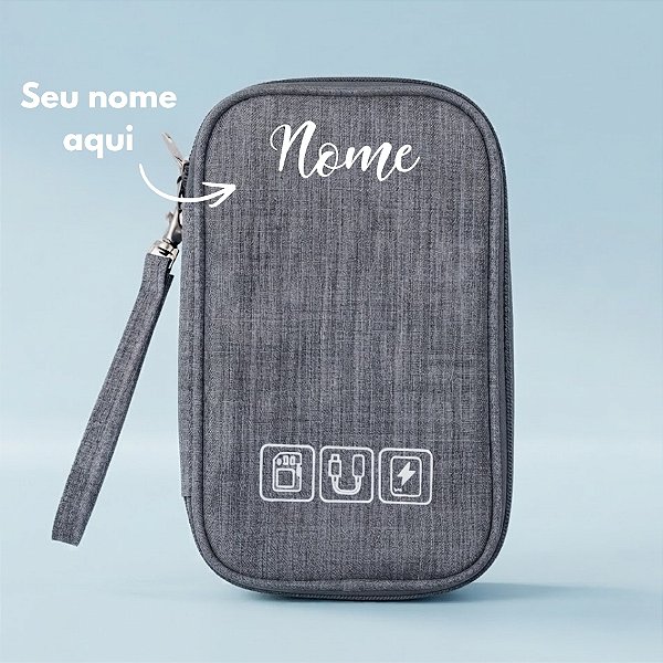 Necessaire Organizadora Porta Cabos Personalizado com Nome- Cinza - 19x12x3,5cm - 1 unidade - Rizzo