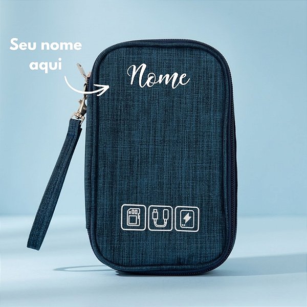 Necessaire Organizadora Porta Cabos Personalizado com Nome - Azul - 19x12x3,5cm - 1 unidade - Rizzo