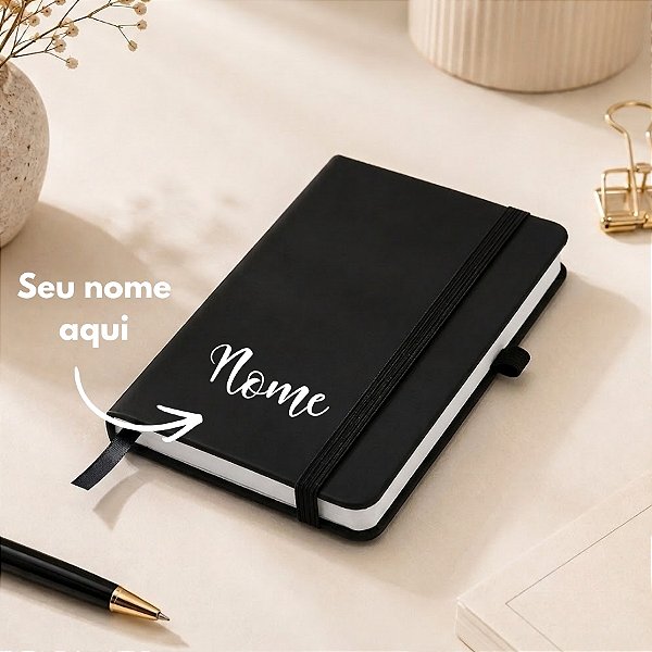 Mini Caderno Capa Dura e Folhas Brancas Personalizado com Nome - Preto - 14x9cm - 1 unidade - Rizzo