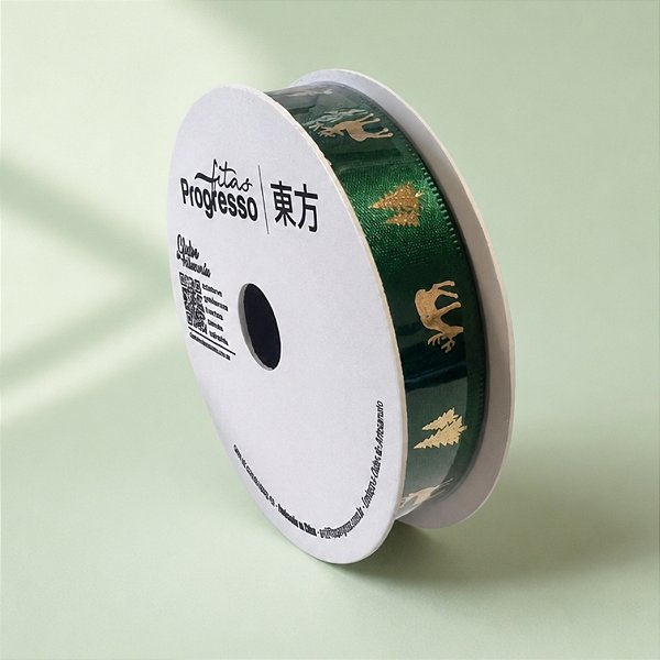 Fita de Cetim 15mm x 10m - Renas e Pinheiros Verdes - ECF003H Cor 530 - Rolo 10m - 1 unidade - Progresso - Rizzo