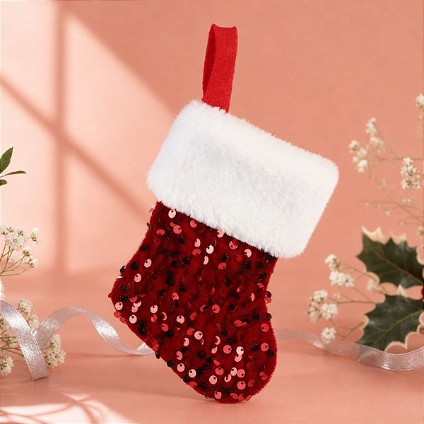 Meia de Natal para Pendurar - Vermelha com Paetê - 15cm - 1 unidade - Cromus - Rizzo