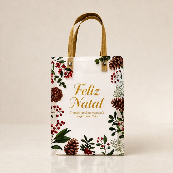 Sacola Transparente Fosca Com Alça de Fibra Bege - Gratidão Que Floresce - 15x20cm - 1 unidade - Rizzo