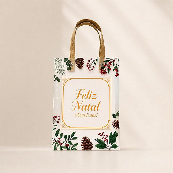 Sacola Transparente Fosca Com Alça de Fibra Bege - Boas Festas! - 13x15cm - 1 unidade - Rizzo
