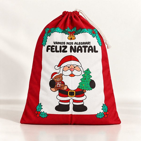 Saco para Presente de Natal em Tecido - Vamos nos Alegrar - 40x57cm - 1 unidade - Rizzo