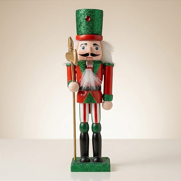Soldado de Chumbo de Madeira com Lança - 18cm - Chapéu Verde Glitter e Roupa Vermelha - 1 unidade - Rizzo