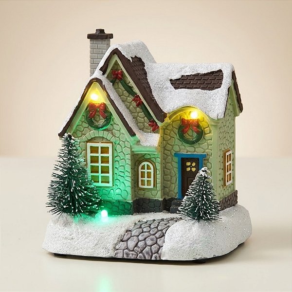 Casinha Decorativa de Natal com LED - Verde Claro - 10,5x11x7,5cm - 1 unidade - Rizzo