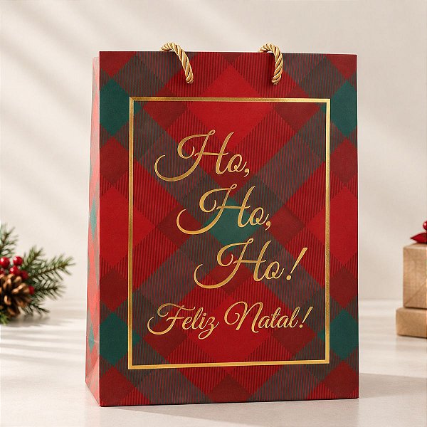 Sacola de Papel de Natal - Hohoho - Xadrez Vermelho e Verde - 27cm  - 1 unidade - Rizzo