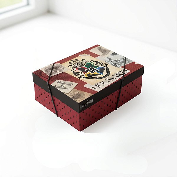 Caixa Retangular com Tampa e Elástico - Casas Hogwarts - P 24x18x8  - 1 unidade - Cromus - Rizzo