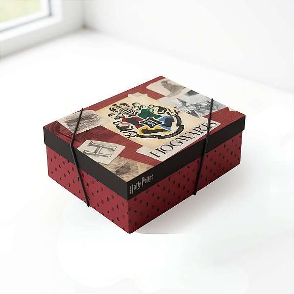 Caixa Retangular com Tampa e Elástico - Casas Hogwarts - M 35x25x11  - 1 unidade - Cromus - Rizzo