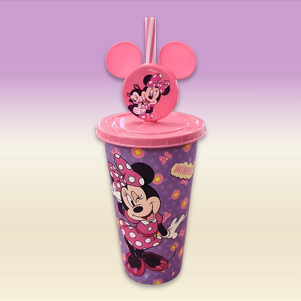 Copo de Plástico com Tampa e Canudo Pin - Minnie Mouse - Rosa e Lilás - 500ml - 1 unidade - Disney Original - Rizzo