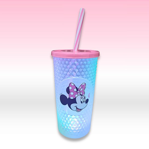 Copo de Plástico com Tampa, Canudo e LED - Minnie Mouse - Rosa - 490ml - 1 unidade - Disney Original - Rizzo