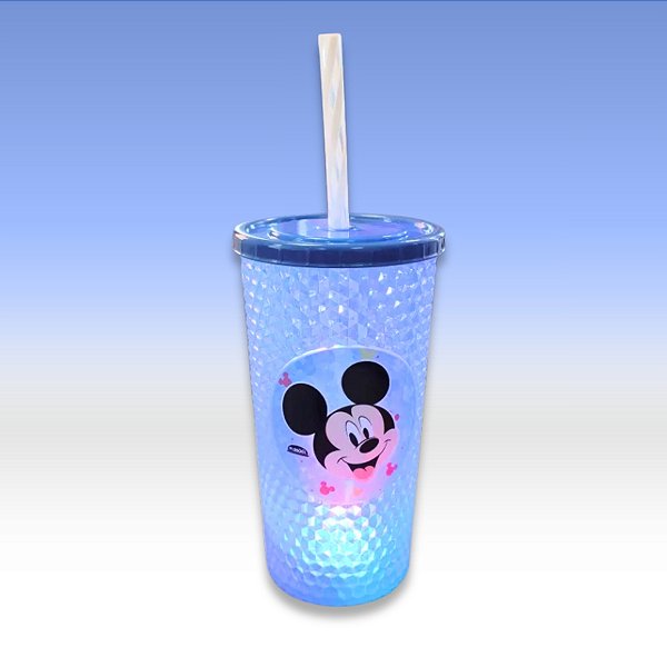 Copo de Plástico com Tampa, Canudo e LED - Mickey Mouse - Azul - 490ml - 1 unidade - Disney Original - Rizzo