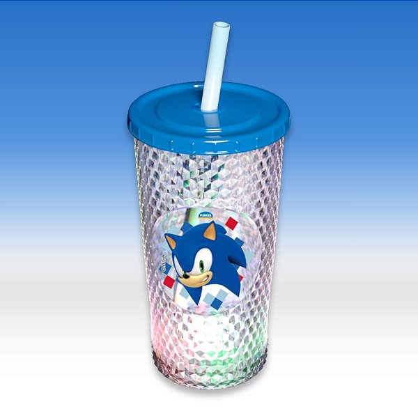 Copo de Plástico com Tampa, Canudo e LED - Sonic - Azul - 490ml - 1 unidade - Plasútil - Rizzo