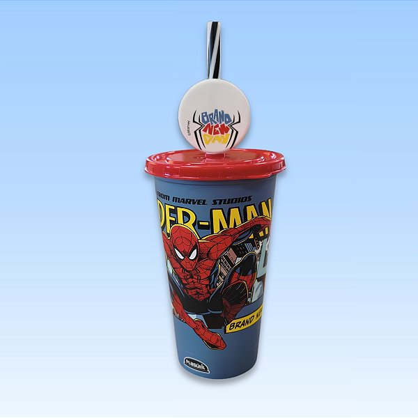 Copo de Plástico com Tampa e Canudo Pin - Homem Aranha - 500ml - 1 unidade - Disney Original - Rizzo