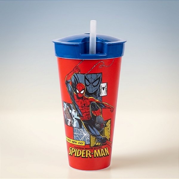 Copo de Plástico com Compartimento e Canudo - Homem Aranha - 540ml - 1 unidade - Disney Original - Rizzo