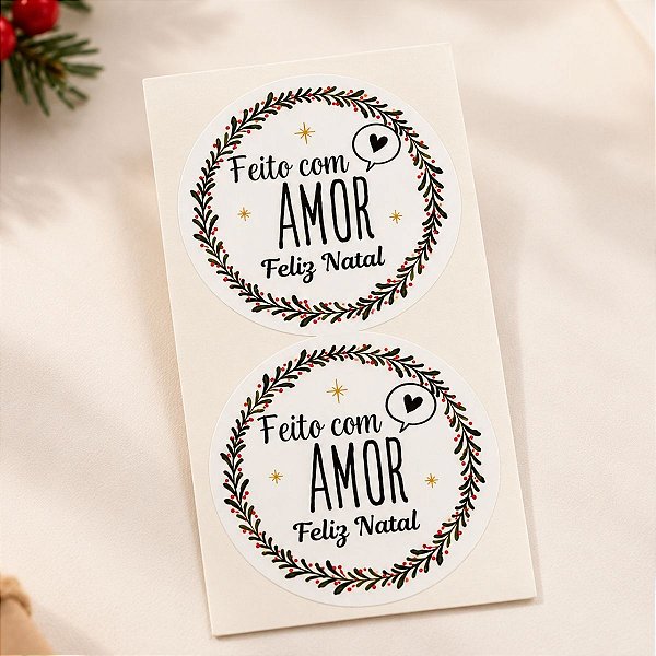 Adesivo Decorativo de Natal - Feito com Amor - Feliz Natal - Ref.2569 - 4x4cm - 60 unidades - Stickr - Rizzo