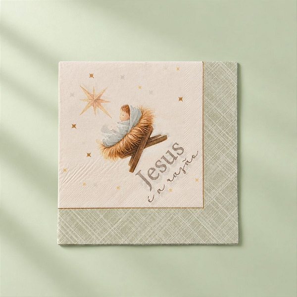 Guardanapo de Papel Natalino - Jesus é a Razão - Bege e Verde - 32,5x32,5cm - 20 unidades - Cromus - Rizzo