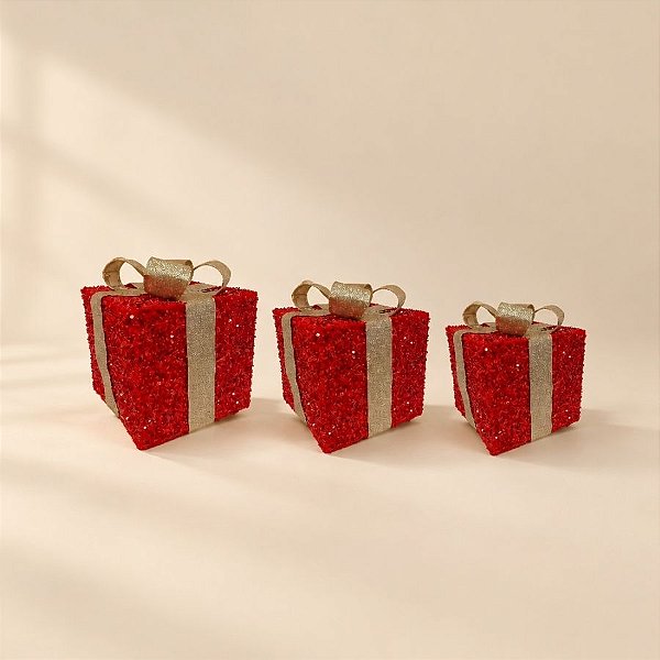 Caixa de Presente Decorativa com Laço  - Vermelho e Ouro - 3 unidades - Cromus - Rizzo