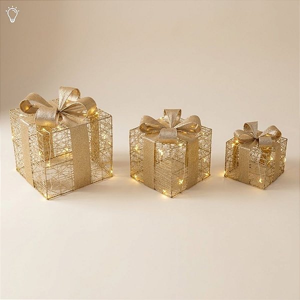 Caixa de Presente Decorativa com Laço com Led - Ouro - 3 unidades - Cromus - Rizzo