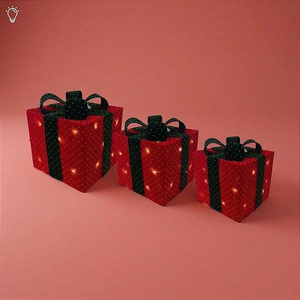 Caixa de Presente Decorativa com Laço com Led - Vermelho e Verde - 3 unidades - Cromus - Rizzo