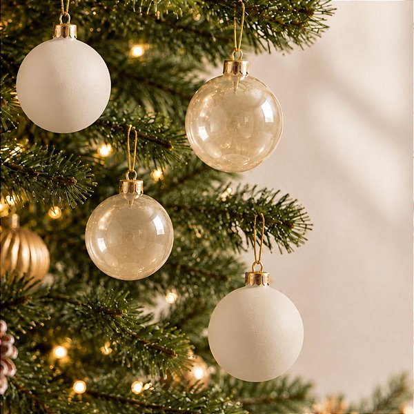 Bolas de Natal em Tubo - Transparente e Marfim - 8cm - 6 unidades - Cromus - Rizzo