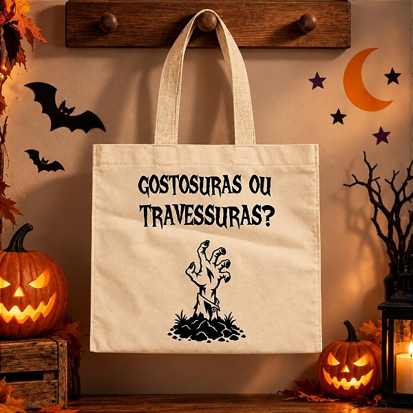 Sacola de Algodão Gostosuras ou Travessuras - Zumbi - Halloween - 22x20cm - 1 unidade - Rizzo