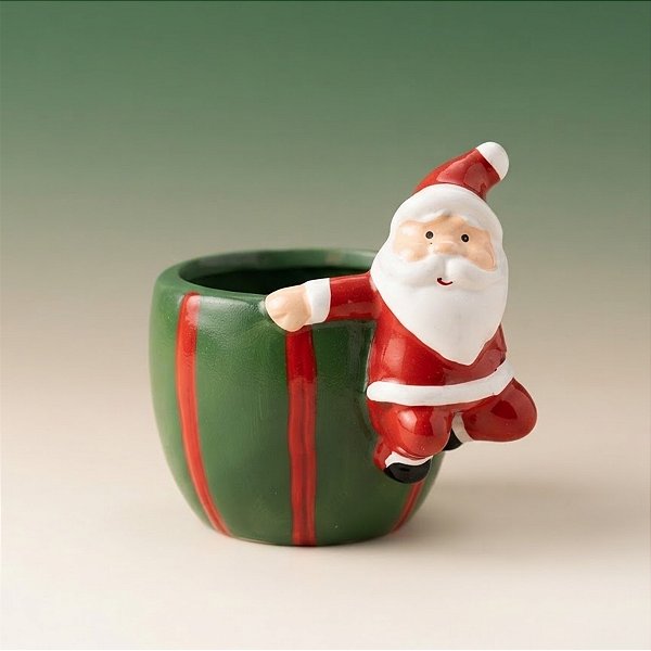 Mini Vaso Decorativo de Natal - Papai Noel Escalando - Verde e Vermelho - 8x9x10cm - 1 unidade - Cromus - Rizzo