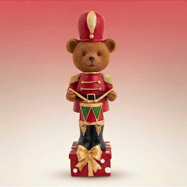 Soldado de Chumbo Urso de Resina com Tambor - Marrom, Vermelho e Verde - 9x30x10cm - 1 unidade - Cromus - Rizzo