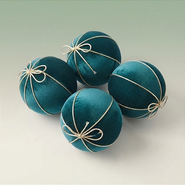 Bola de Natal - Veludo Verde e Laço Ouro - 10x10x10cm - 4 unidades - Cromus - Rizzo